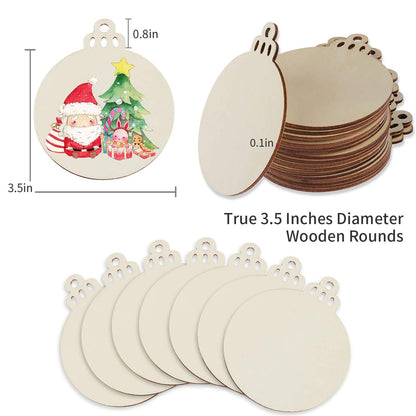 Fuyit 100Pcs 3.5 Inch Wooden Christmas Ornaments Unfinished Wood Slices with Holes, Predrilled Wood Round Circles Blank Discs for DIY Crafts Party Decorations