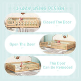 A ALFRESCOOL Full Size Montessori Floor Bed with Safety Guardrails and Convertible Door, Sturdy Pine Wood Floor Bed Frame with Wooden Supports Slats for Toddlers Kids Girls Boys Bedroom (Natural) A ALFRESCOOL