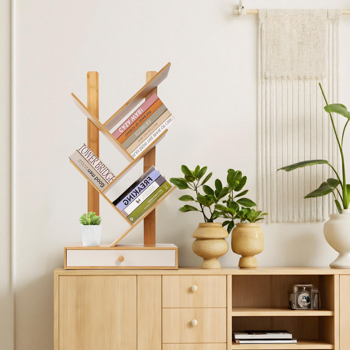 PERFECYEE 4 Tier Tree Bookshelf with Drawer, Small Bookcase, Desktop Bookshelf Floor Standing Bookcase Display for Living Room, Bedroom, Natural PERFECYEE