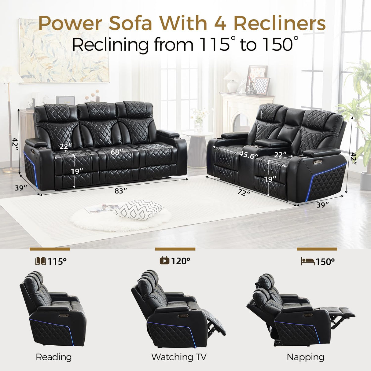Power Recliner Sofa Set of 2 Pieces with Adjustable Headrest, Wireless Charger for Living Room, Electric Reclining Couch, Faux Leather 3 Seaters and Loveseat Theater Chair with LED Lights, Black Comfort Stretch