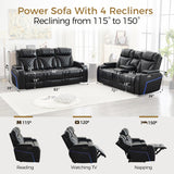 Power Recliner Sofa Set of 2 Pieces with Adjustable Headrest, Wireless Charger for Living Room, Electric Reclining Couch, Faux Leather 3 Seaters and Loveseat Theater Chair with LED Lights, Black Comfort Stretch