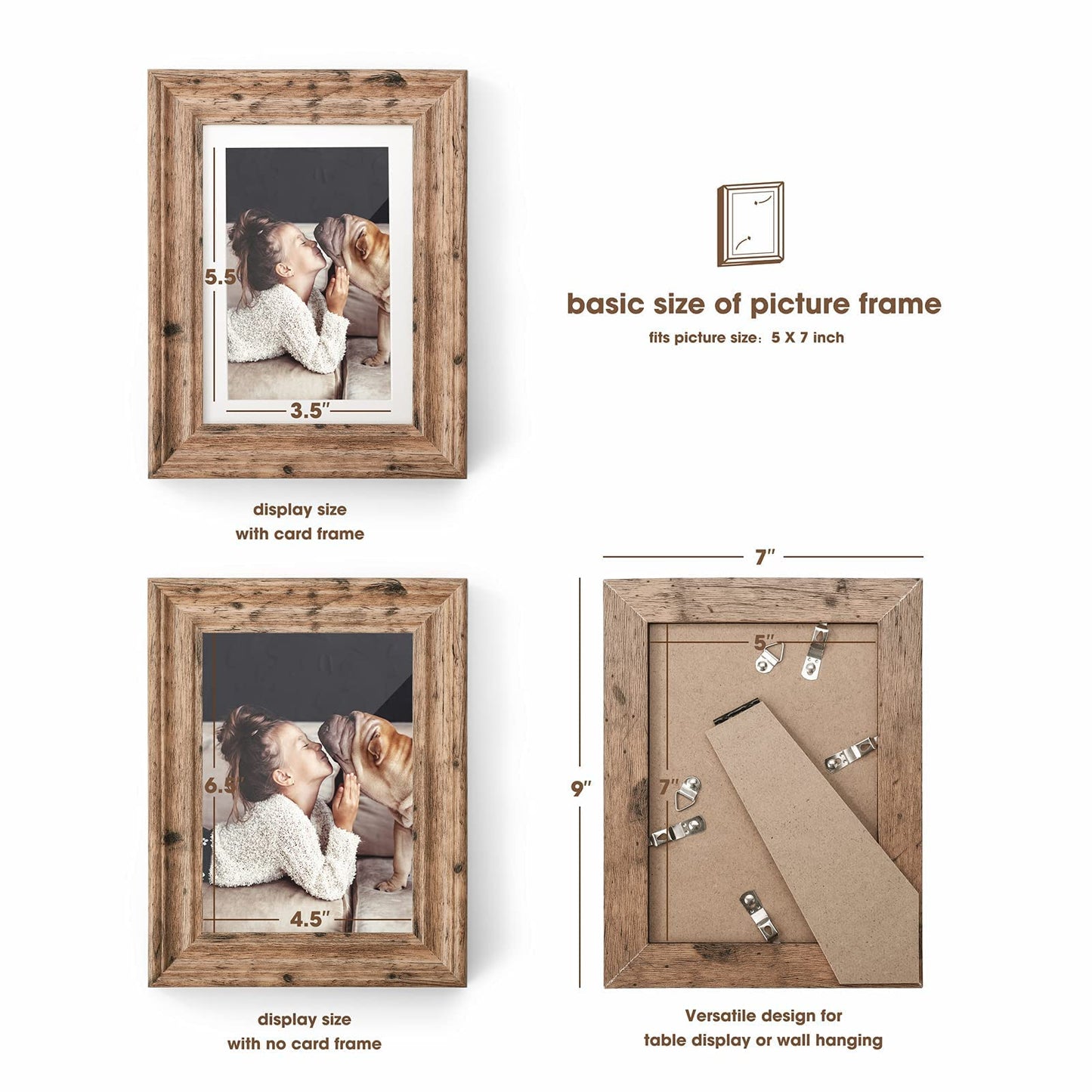 TWING 5x7 Picture Frames Set of 6, Rustic Picture Frame 4x6 with Mat or 5X7 Without Mat, Tabletop Display Wall Mounting Collage Photo Frames Brown Walnut Wood Pattern