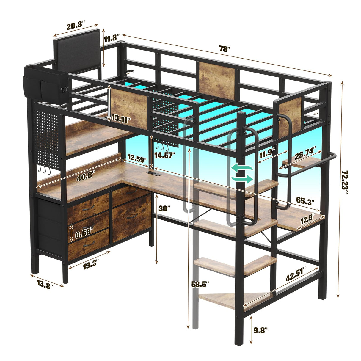 Loft Bed Twin Size with L-Shaped Desk and Storage, Metal Bunk Bed with Desk Underneath and LED Lights & Charging Station, Twin Loft Bed with Desk, 5 Drawer 2 Pegboards, Safety Guard Ladder, Brown BYSAUD