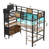Loft Bed Twin Size with L-Shaped Desk and Storage, Metal Bunk Bed with Desk Underneath and LED Lights & Charging Station, Twin Loft Bed with Desk, 5 Drawer 2 Pegboards, Safety Guard Ladder, Brown BYSAUD