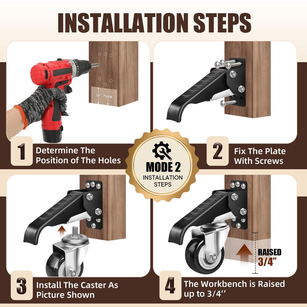 SPACECARE Workbench Casters kit 900Lbs Heavy Duty Quick Release 2 Mounting Options Retractable Workbench Stepdown Caster Wheels Adjustable Polyurethane Durable Steel Construction (Set of 4) SPACECARE