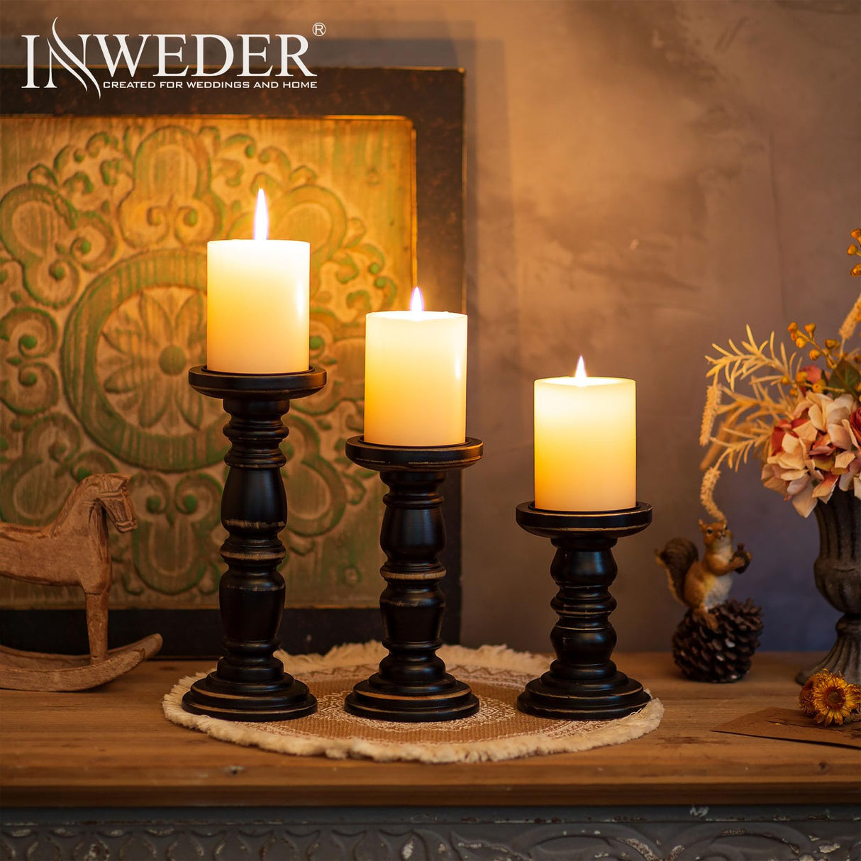 Inweder Wood Candle Holders for Pillar Candles, Solid Farmhouse Candle Holders (Set of 3), Tall Candle Holder, Stable Black Candle Holder for Home Decor, Fireplace, Event, Black Inweder