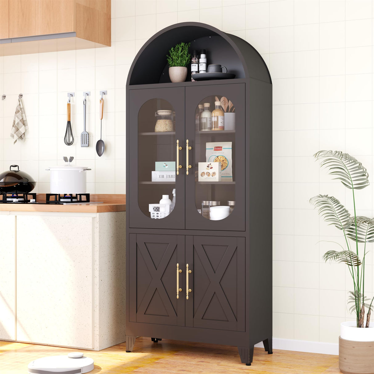 erosoei 73" H Metal Tall Arched Kitchen Pantry Cabinet, Modern Farmhouse China Storage Cabinets with Glass Door and Adjustable Shelves, Versatile Cupboard for Kitchen, Dining Room, Bathroom (Black) erosoei