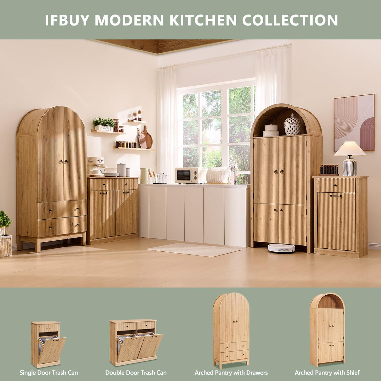 IFBUY 71" Tall Arched Bookcase with Doors, Morden Fluted Bookshelf with Storage & 3 Adjustable Shelves, 6 Door Shelves, Wooden Floor Standing Versatile Cupboard for Home Office, Living Room, Natural IFBUY