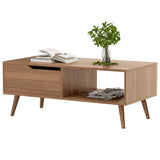 DIYART Brown Coffee Table, Mid Century Modern Coffee Table with Drawer & Shelf, 39'' Wooden Simple Console Table for Living Room DIYART