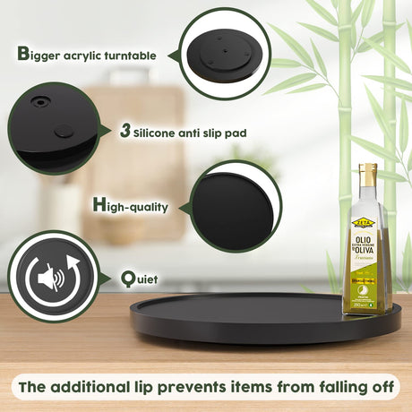 Lazy Susan Organizer, 13.2 Inch Non-Skid Bamboo Lazy Susan for Kitchen Table cabinets Closets and Kitchen Islands, Wood Turntable for Kitchen Countertop Organizer Black VeyFey