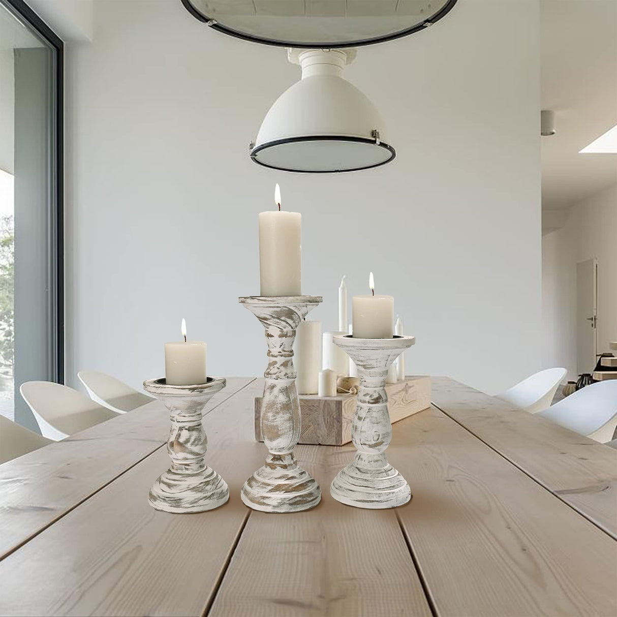 Yorkmills Pillar Candle Holder Set of 3, Farmhouse Decor Living Room Tall Candle Holders for Pillar Candles, Wood Candle Holders for Table Centerpieces White Home Decor Kitchen Dining Room Table Decor Yorkmills