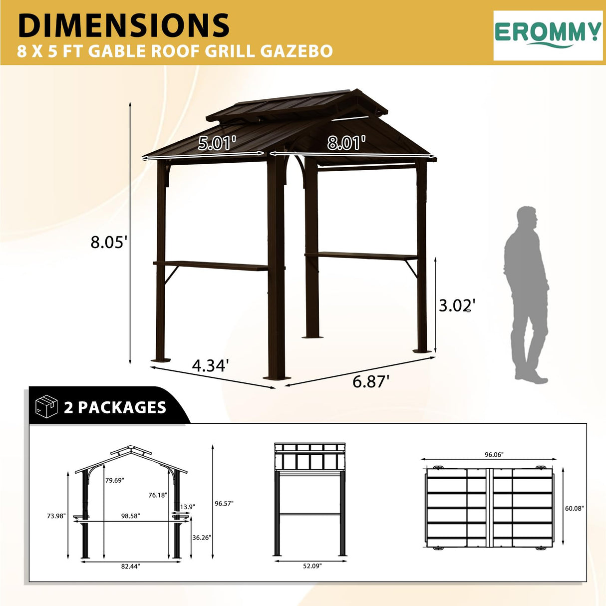 EROMMY 8' x 5' Hardtop Grill Gazebo, Outdoor Metal BBQ Gazebo with Double Galvanized Steel Gable Roof, Permanent Grill Canopy with Side Shelves for Patio Deck Lawn Backyard Garden (Brown) EROMMY