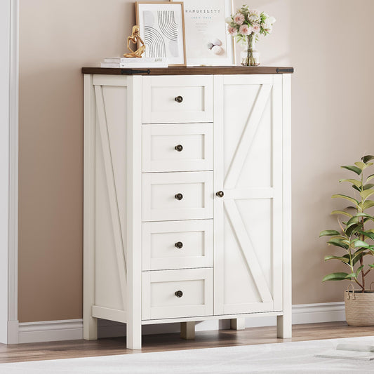 DWVO 5 Drawer Dresser - Farmhouse Chest of Drawers for Bedroom, 46" Tall Modern Dresser Cabinet with Barn Doors, Wood Storage Organizer for Living Room, Hallway, Closet, White