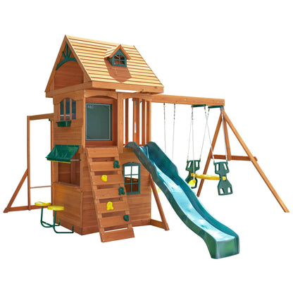 KidKraft Ridgeview Deluxe Clubhouse Wooden Swing Set/Playset with Café Table and Stools, Monkey Bars, Swing and Rock Wall, Gift for Ages 3-10