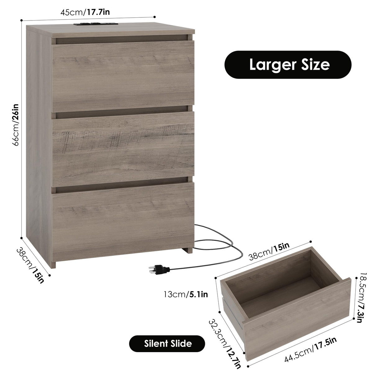 FOTOSOK Nightstand with Charging Station, Vintage Ash Grey Night Stand with USB Ports & Power Outlets, Silent Slides, Wooden End Side Table Bedside Table with 3 Drawers for Bedroom, Ash Grey FOTOSOK