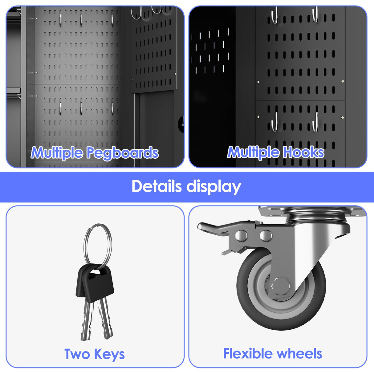 61.7"H Metal Garage Storage Cabinet with Wheels and Hanging Rod,Broom Closet Storage Cabinet with Pegboard and 4 Adjustable Shelves with 120LBS for Garage Home Office School,Required Assembly,Black Reemoon