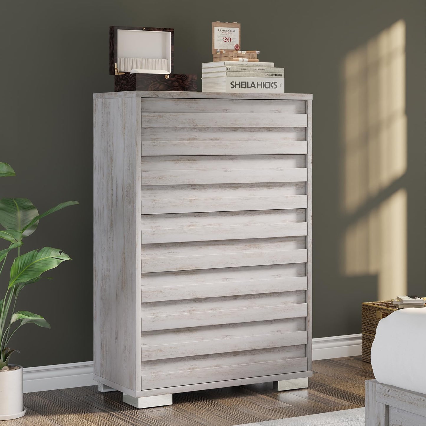 AMERLIFE 5 Chest of Drawers for Bedroom, 47" Tall Drawers Dresser with Tilt Handle, Farmhouse Wooden Dresser for Bedroom, Living Room, Hallway, Distressed White - WoodArtSupply