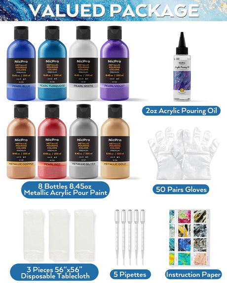 Nicpro 8 Colors 8.45oz Metallic Acrylic Pour Paint Supplies Kit, Large Volume Ready to Pour Premixed High Flow Pouring Paint Set with Silicone Pouring Oil, Gloves, Instructions for Beginner DIY Nicpro