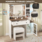 Vabches Makeup Vanity Desk with Sliding Mirror, 41.8'' White Farmhouse Vanity Table with Stool, Jewelry Cabinet & Charging Station, Large Drawer, Visual Cabinet, 3 Lighting Modes, Adjustable Shelves Vabches