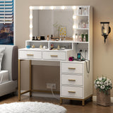 Loomie Vanity Desk with Lighted Mirror & Power Outlet, Makeup Table with 5 Drawers, Two Cubby & Shelf, Vanity Dresser with 11 Lights in 3 Lighting Colors for Bathroom, Bedroom,Makeup Room,White Loomie