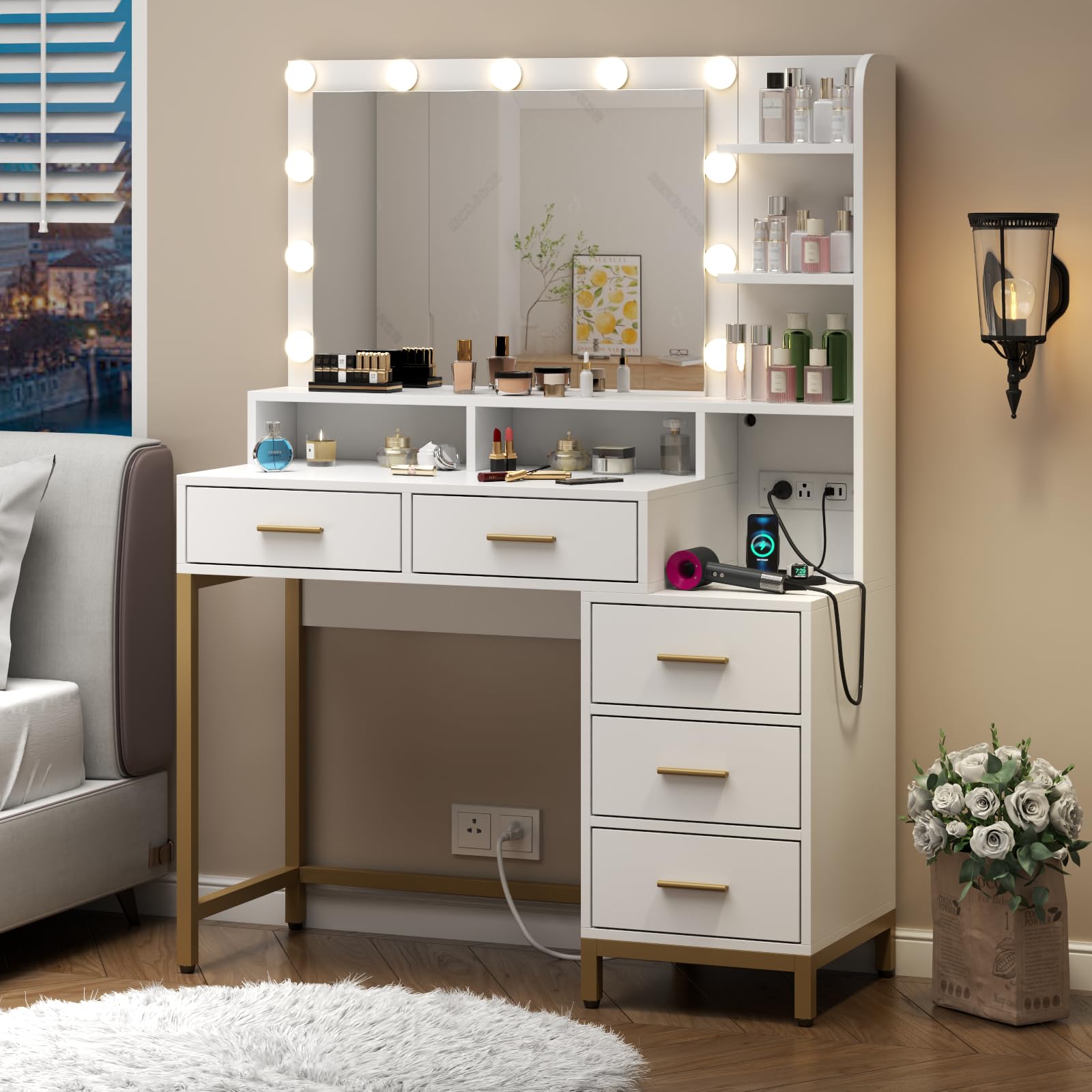 Loomie Vanity Desk with Lighted Mirror & Power Outlet, Makeup Table with 5 Drawers, Two Cubby & Shelf, Vanity Dresser with 11 Lights in 3 Lighting Colors for Bathroom, Bedroom,Makeup Room,Whi - WoodArtSupply