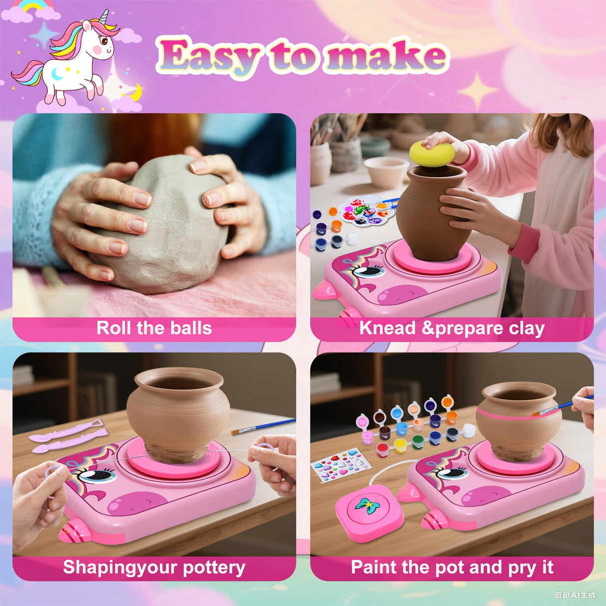 Pottery Wheel for Kids, Girls Arts and Crafts Toys for Kids Ages 8-12,Pottery Studio Craft Kit with 3 Pack Air-Dry Clay, Art Supplies for Kids Toys Girls Birthday Gift for 6 7 8 9 10 11 12+ craftodo