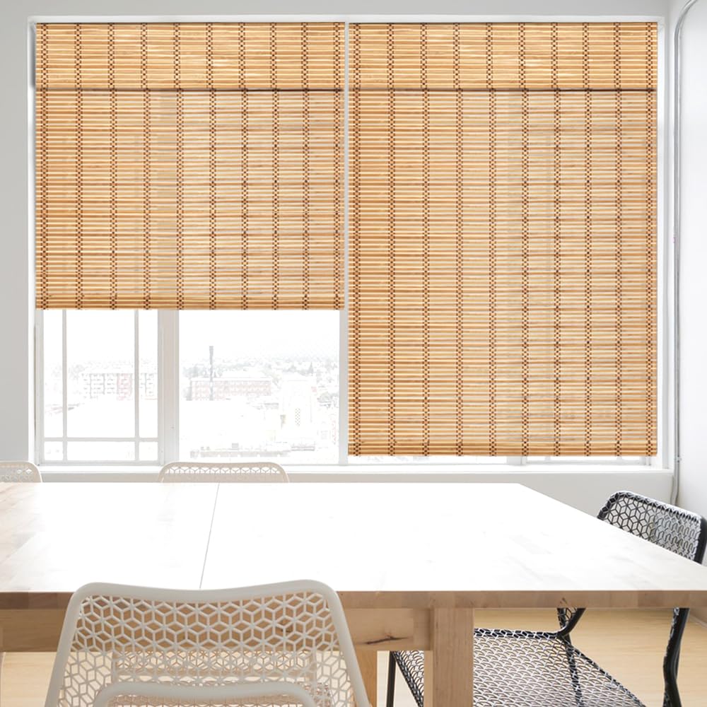 SEEYE Cordless Bamboo Blinds Shades, Light Filtering Bamboo Roller Shades Natural Roman Blind Shade, Bamboo Roll Up Blind for Windows, Easy to Install for Door, Patio, Bedroom, 26" W x 64" H,Natural SEEYE