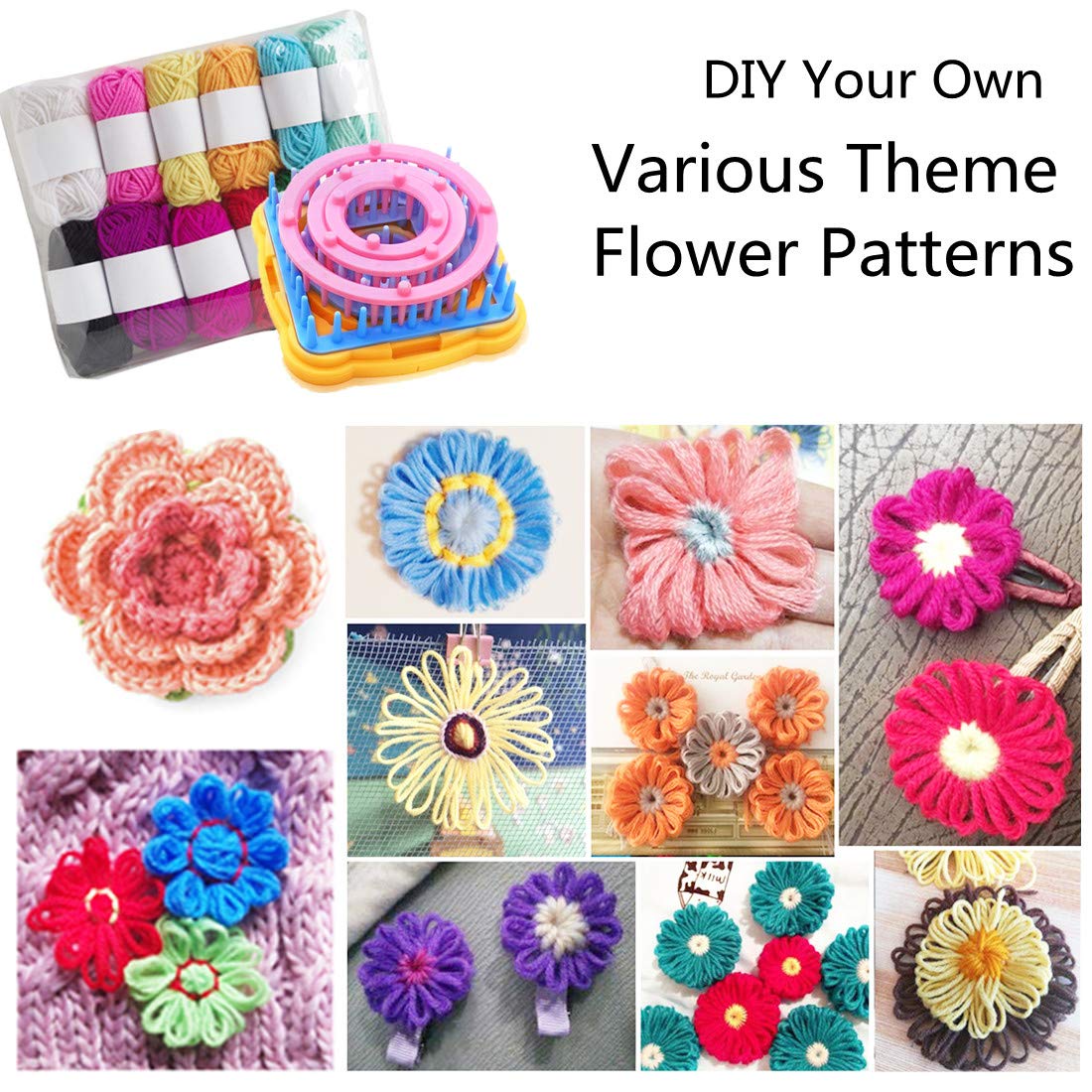 Ayasee Weaving Loom Kit, Flower Knitting Loom Kit, Frame Looms, Knitting Wool, Round/Square Knitting Looms Craft Kit Multi Color (Flower Maker + Pom Maker) Ayasee