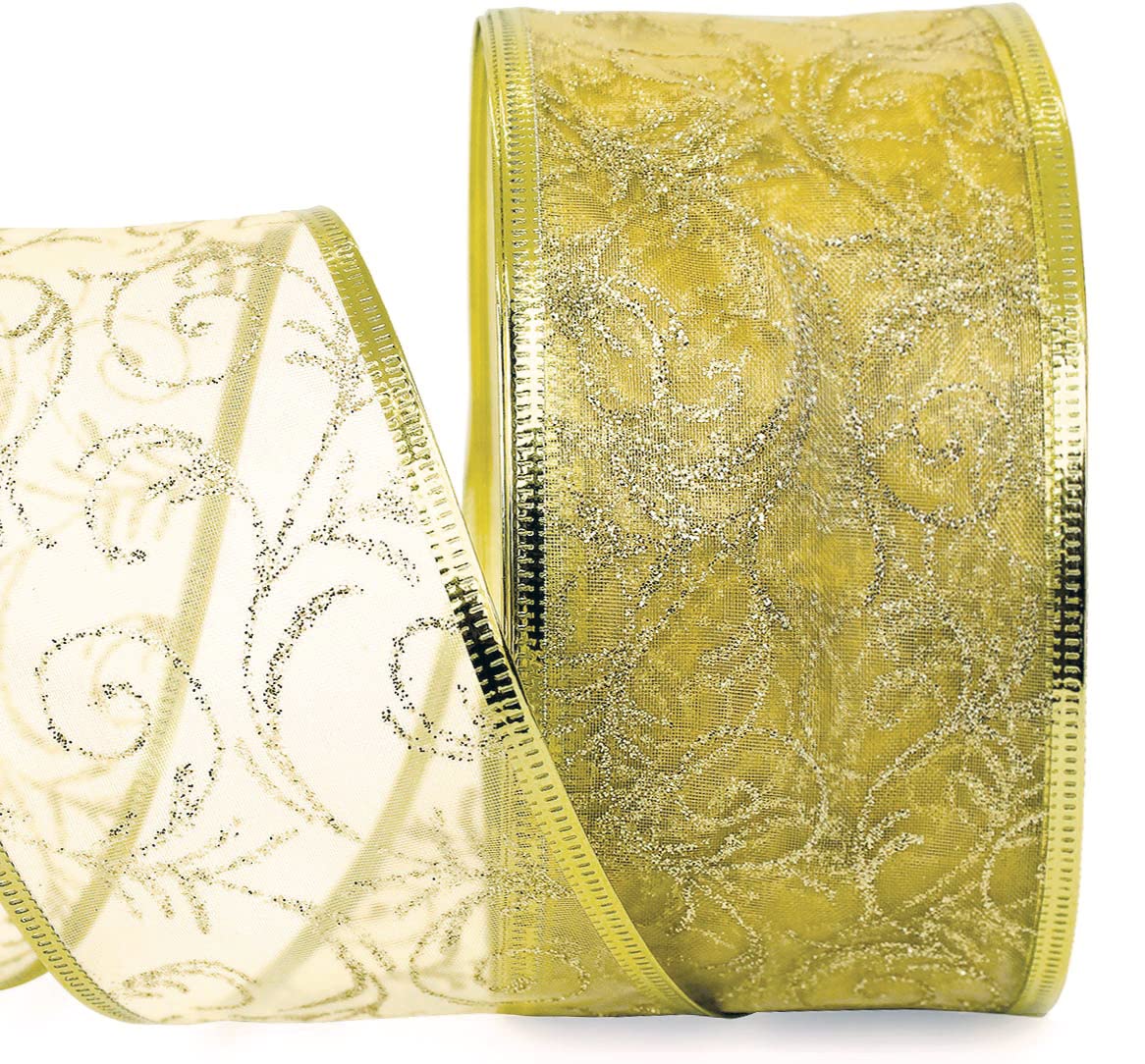 Christmas Ribbon Wired 1.5 Inch Set of 4 Ribbon Wire Red, Green, Gold, Silver/White Sheer Organza Glitter Gift, Xmas Ribbons Decoration, Holiday Craft, Gifts Wrap 40 Yards / 10 Yard Ea. Roll OLYPHAN