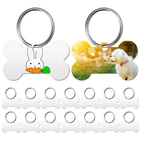 Hotop 16 Pieces Sublimation Blank Dog Tags Aluminum Pet ID Tags Bone Shaped Pet Name Tags Double Sided Dog Collar Tags with 16 Pieces Key Rings for Dogs and Cats Hotop