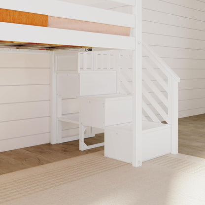 Max & Lily Twin Low Loft Bed with Slide and Stairs - Classic White Solid Wood Kids Furniture - WoodArtSupply