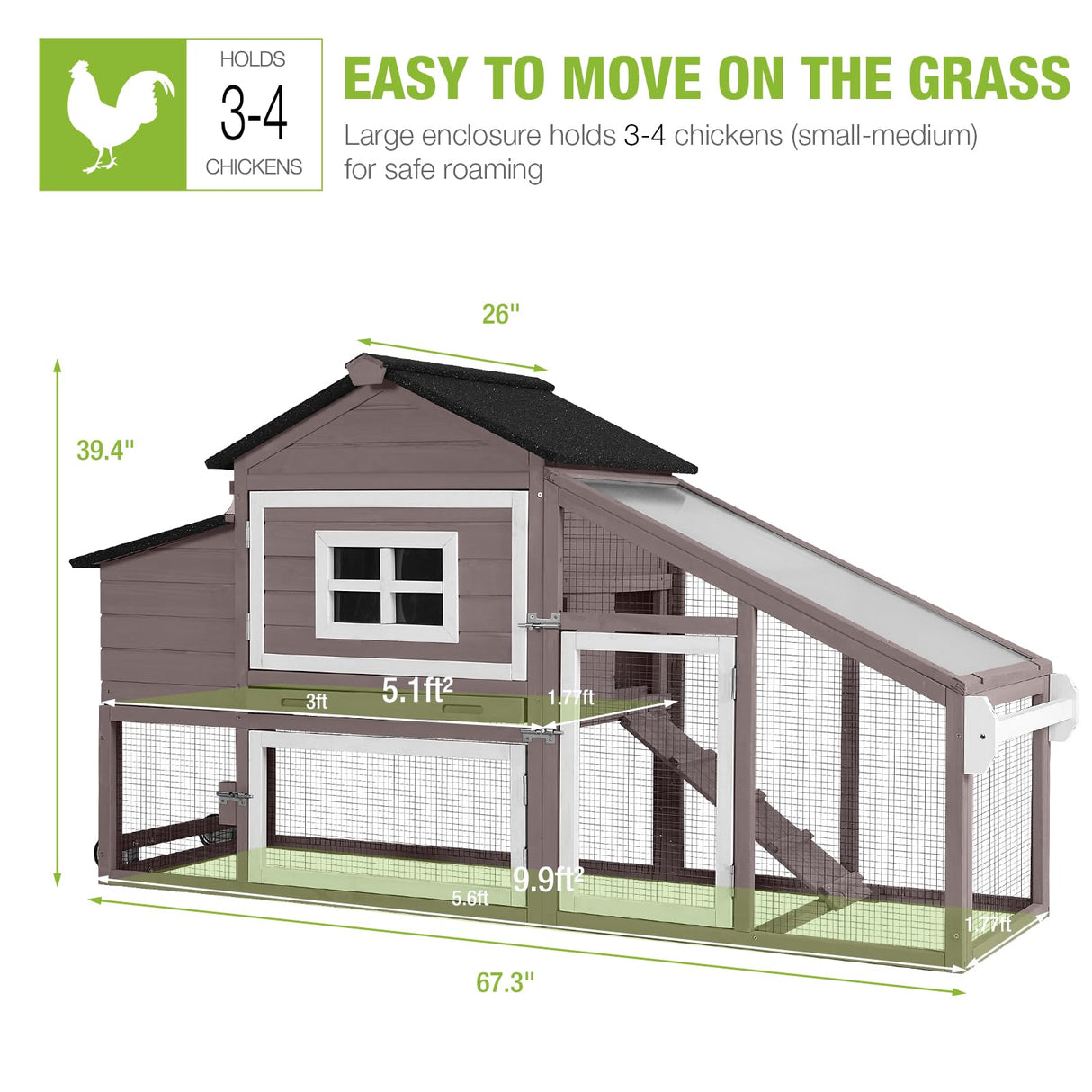 GUTINNEEN Chicken Coop Mobile Hen House Wooden with Run Poultry Cage with Nesting Box,Field Grey GUTINNEEN
