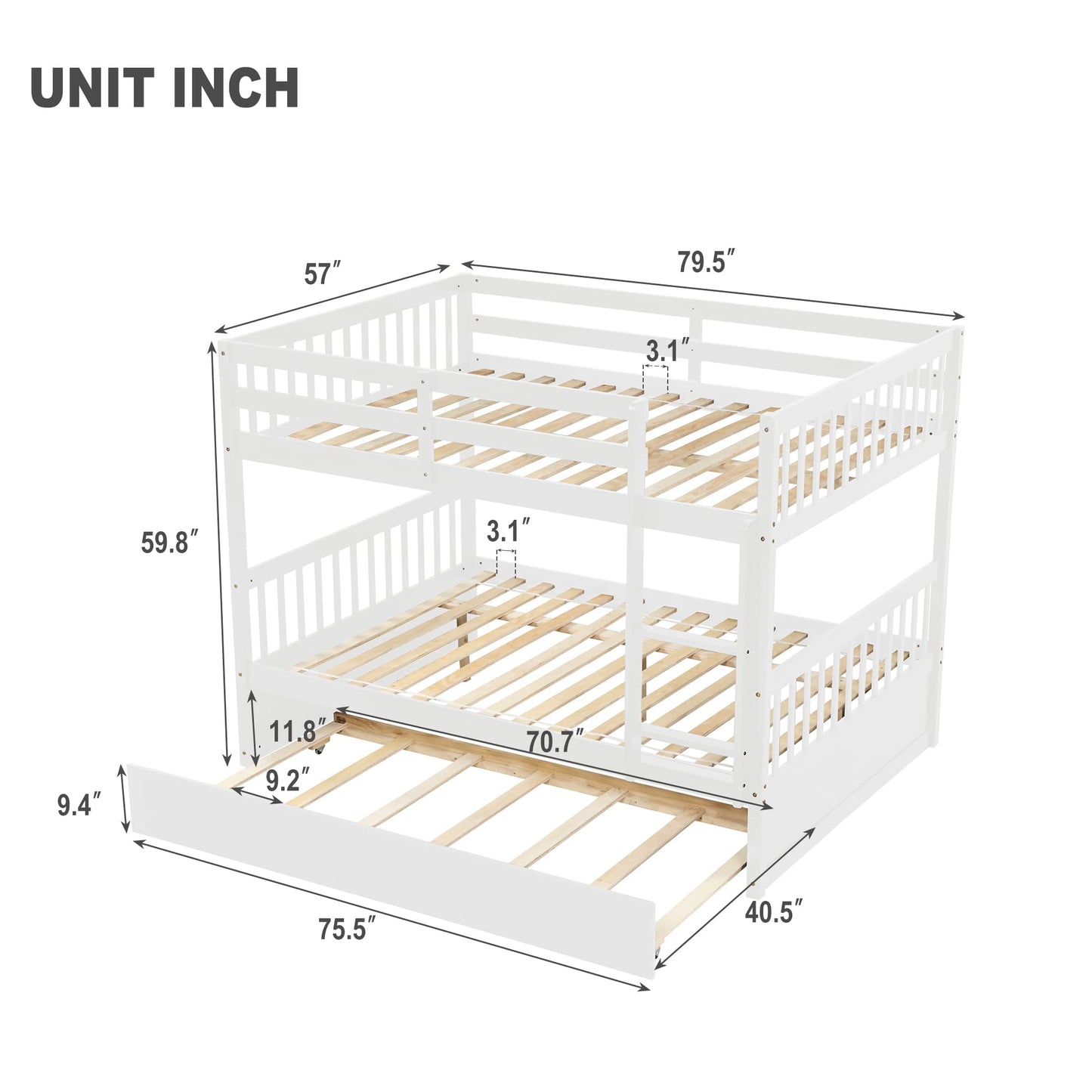 PVWIIK Full Over Full Bunk Bed with Trundle and Ladder for Kids Bedroom,Wood Bed Frame with Safety Rails,Convertible to 2 Bed,No Box Spring Needed,White