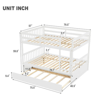 PVWIIK Full Over Full Bunk Bed with Trundle and Ladder for Kids Bedroom,Wood Bed Frame with Safety Rails,Convertible to 2 Bed,No Box Spring Needed,White