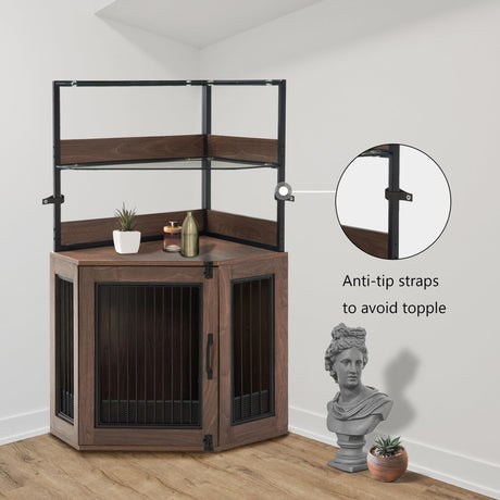MCombo Corner Dog Crate Furniture with Glass Shelves, Wooden Dog Kennel Furniture with Door, Pet Crate Indoor Use, CN17 (Brown) MCombo