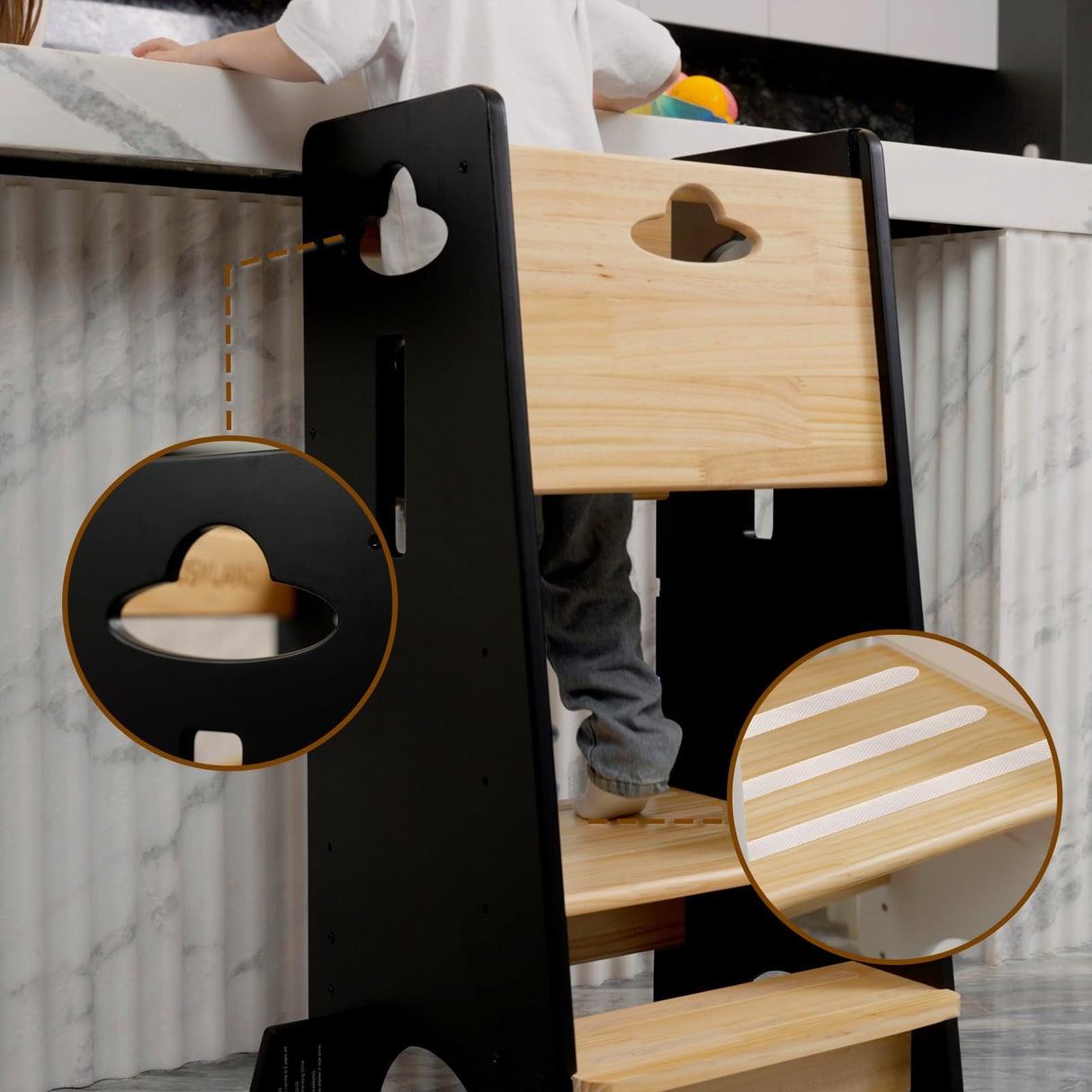 COSYLAND Toddler Standing Tower Adjustable Height - Super Stable Toddler Kitchen Stool Helper - 3 Levels Adjustable Wooden Toddler Kitchen Stool (Natural & Black) COSYLAND