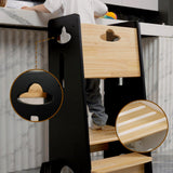COSYLAND Toddler Standing Tower Adjustable Height - Super Stable Toddler Kitchen Stool Helper - 3 Levels Adjustable Wooden Toddler Kitchen Stool (Natural & Black) COSYLAND