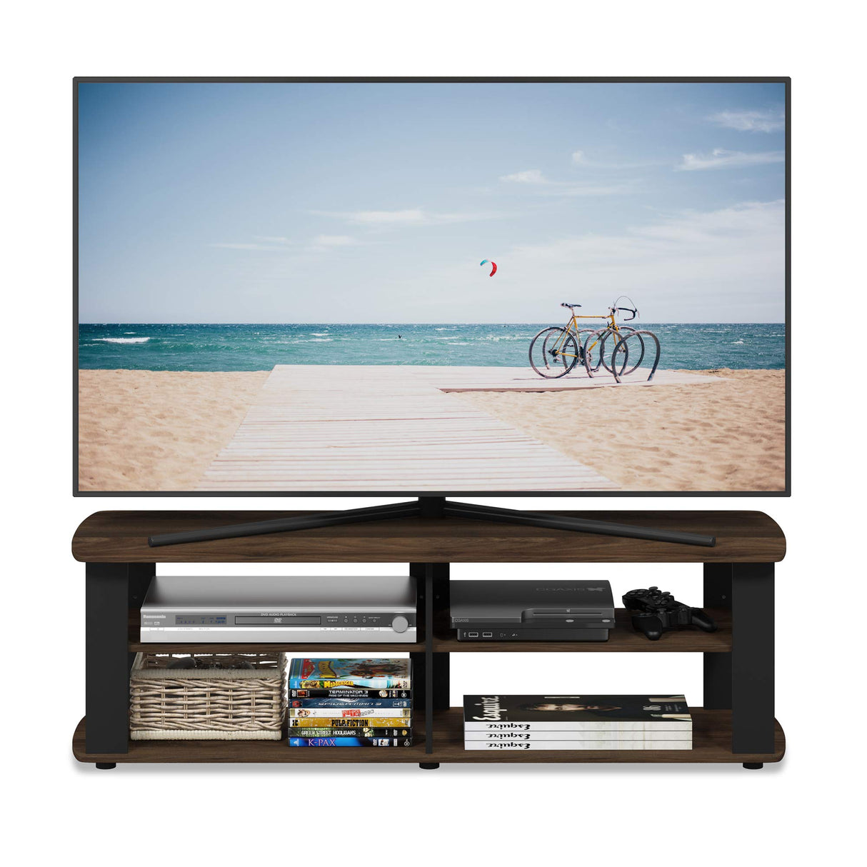 FURINNO Nelly Entertainment Center TV Stand, Short 43.3"(W) x13.4(H) x13.1(D), Columbia Walnut/Black Furinno
