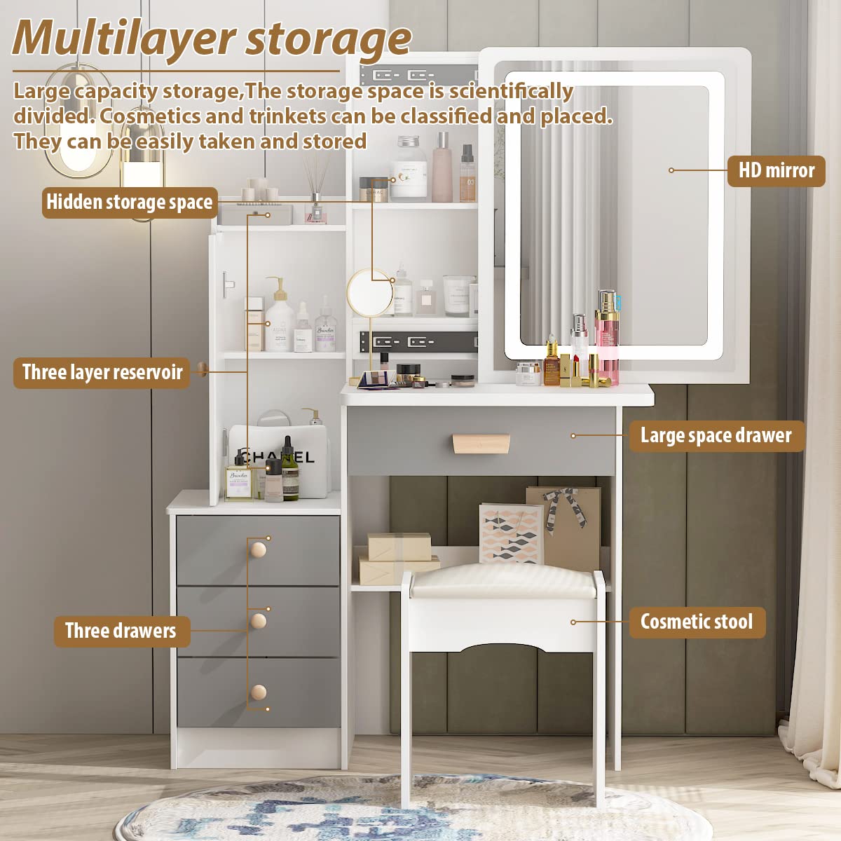 AGOTENI Small Vanity Table Makeup Vanity Dressing Table with Mirror, 4 Drawers & Shelves, Dressing Desk and Cushioned Stool Set (White/Grey, Slidding Lighted Mirror) AGOTENI