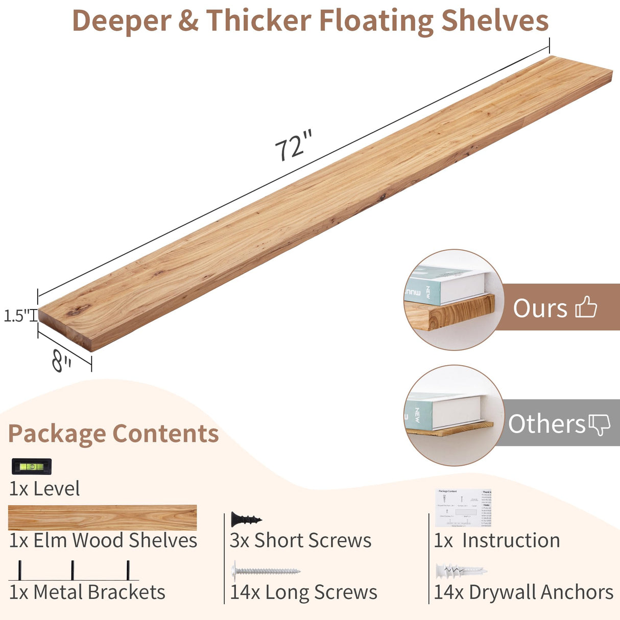 Axeman Floating Shelves for Wall, Rustic Elm Wood 72'' W x 8" D Wall Mantel Shelf with Invisible Bracket, Large Long Wall Mounted Storage Shelves for Living Room, Bedroom, Kitchen, Bathroom, Natural Axeman