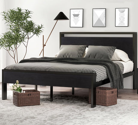 SHA CERLIN 14 Inch Full Size Metal Platform Bed Frame with Wooden Headboard and Footboard, Mattress Foundation, No Box Spring Needed, Large Under Bed Storage, Non-Slip Without Noise, Black Oak SHA CERLIN