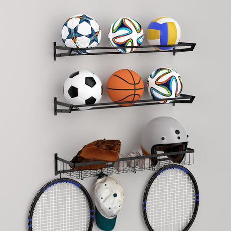 Ball Holder Wall Mount Garage Sports Equipment Organizer 3 Separate Wall Ball Storage Rack with 6 Hooks for Basketball Football Soccer Volleyball BTY