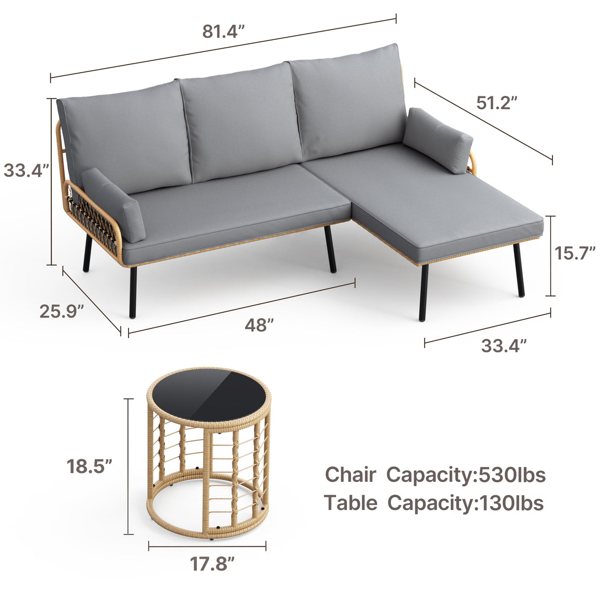 Gizoon Outdoor Patio Furniture Set, Wicker Rattan L-Shaped Conversation Sectional Sofa Set with Thick Cushions, Detachable Lounger and Side Table for Backyard, Porch, Balcony, Pool (Grey) Gizoon