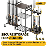 SOYEEZE Fishing Rod Holder for 28 Rods, Ground Stand Fishing Pole Holders for Garage, 3-Sided Vertical Fish Rod Rack for Tackle Box, Fishing Supplies,a Display Fish Gear Storage Gift for Man SOYEEZE