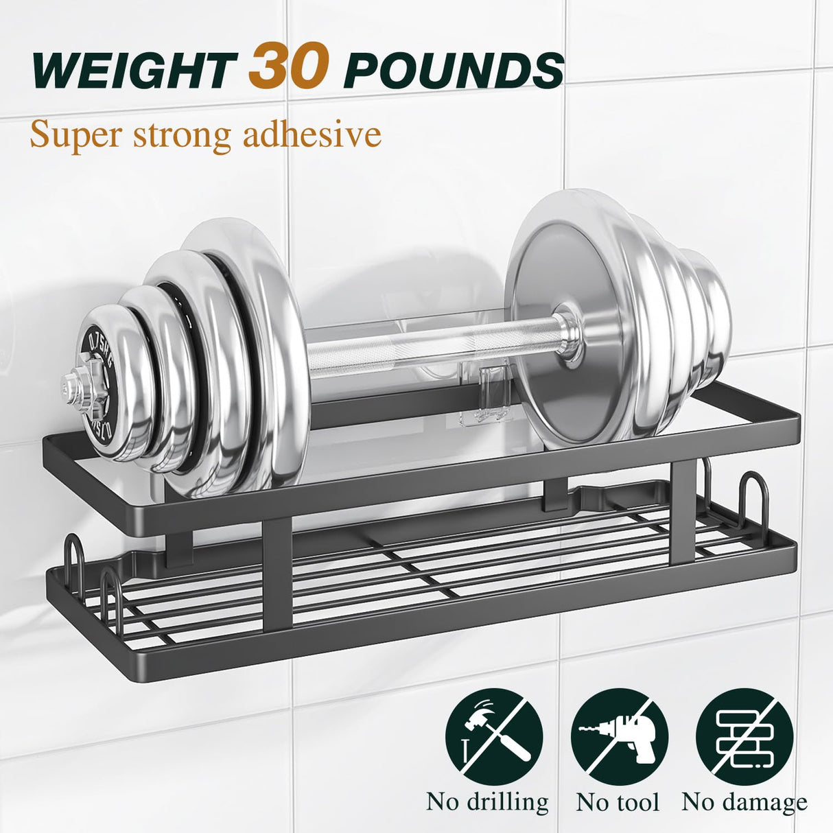 Youvip Adhesive Shower Caddy,Shower Shelves with Soap Holder and 12 Hooks,Rustproof No Drilling Bathroom Organizer and Storage,Black,3 Pack Youvip