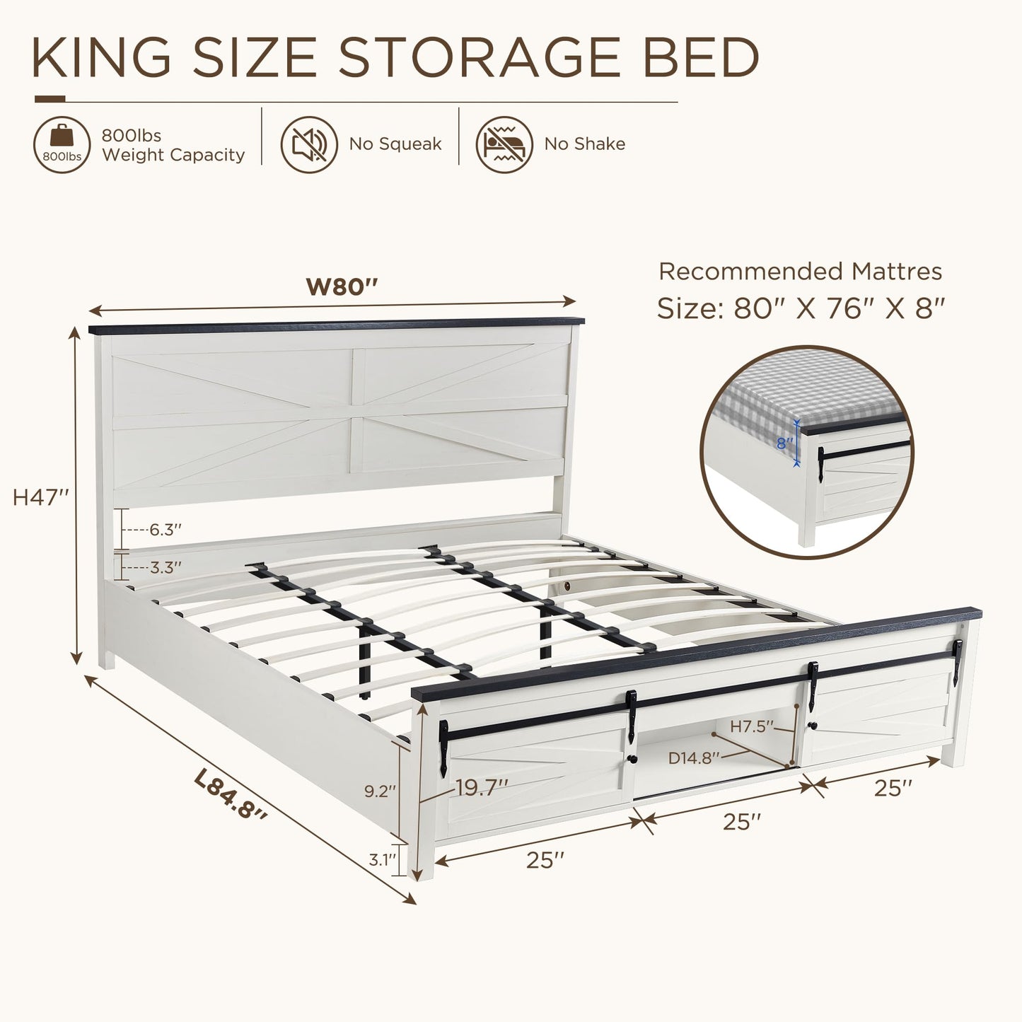 JXQTLINGMU King Farmhouse Wood Bed Frame with Sliding Barn Door Storage Cabinets, Solid Wood Slats Support, Noiseless, No Box Spring Needed, Antique White