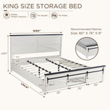 JXQTLINGMU King Farmhouse Wood Bed Frame with Sliding Barn Door Storage Cabinets, Solid Wood Slats Support, Noiseless, No Box Spring Needed, Antique White JXQTLINGMU