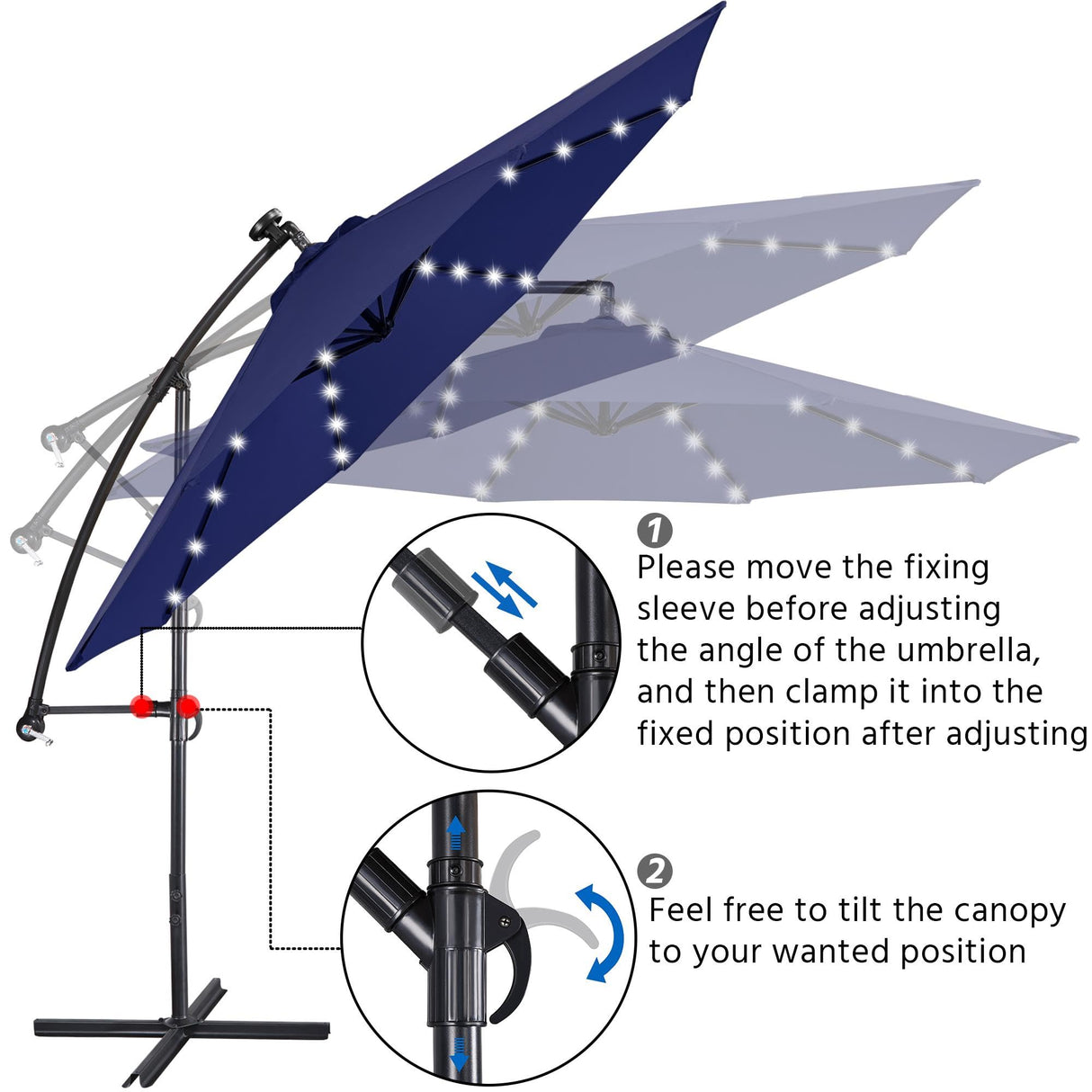 Yaheetech 10FT Solar Offset Umbrella with 32 LED Lights Cantilever Hanging Outdoor Umbrellas Handy Crank & Cross Base for Lawn/Deck/Backyard/Pool Navy Blue Yaheetech