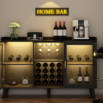 Loomie Wine Bar Cabinet with LED Light, Home Coffee Cabinet with Wine Rack and Glass Holder, Kitchen Buffet Sideboard W Storage Shelf, Freestanding Liquor Cabinet for Living Room, Dining Room - WoodArtSupply