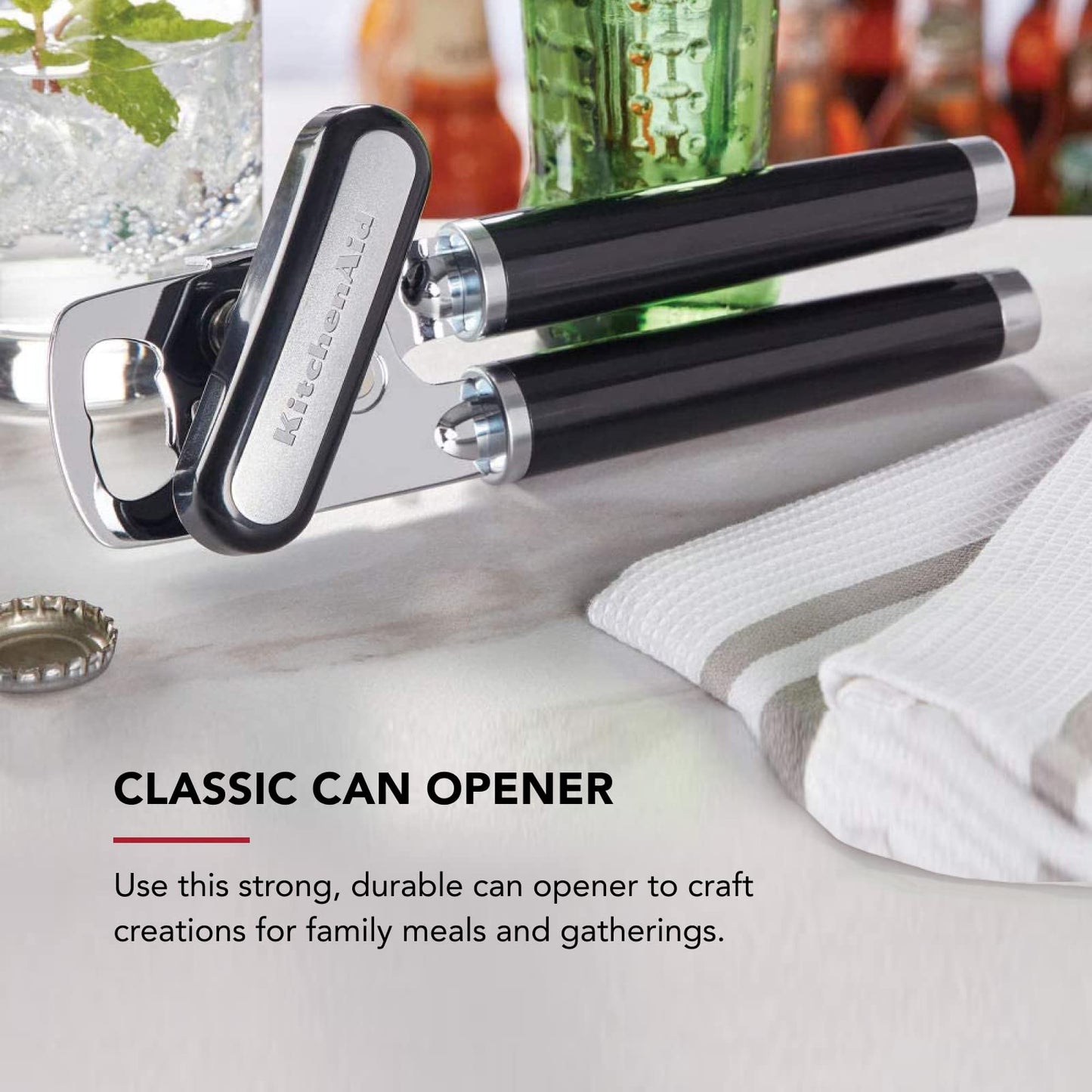 KitchenAid Classic Multifunction Can Opener and Bottle Opener Easy to Use, Razor Sharp Stainless Steel Cutting Wheel, Soft Ergonomic Handles, Black